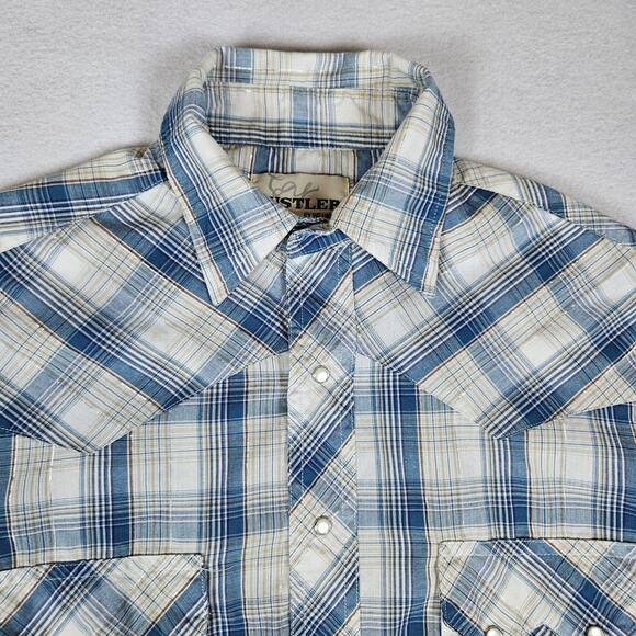Rustler by Wrangler Mens Pearl Snap Plaid Cotton Western Cowboy Metallic Blue S - Picture 12 of 15